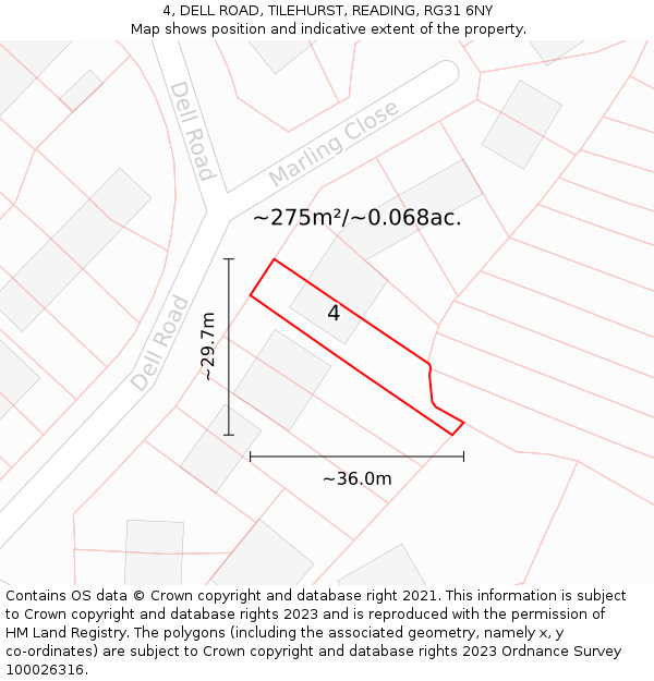 4, DELL ROAD, TILEHURST, READING, RG31 6NY: Plot and title map