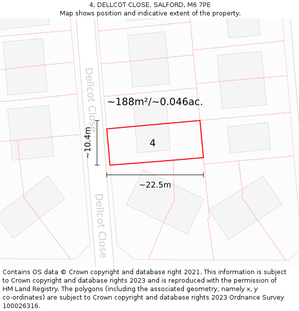 4, DELLCOT CLOSE, SALFORD, M6 7PE: Plot and title map