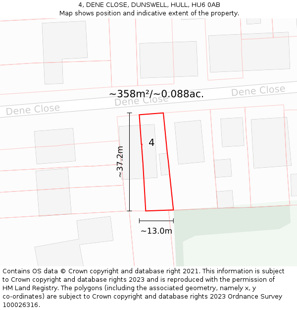 4, DENE CLOSE, DUNSWELL, HULL, HU6 0AB: Plot and title map