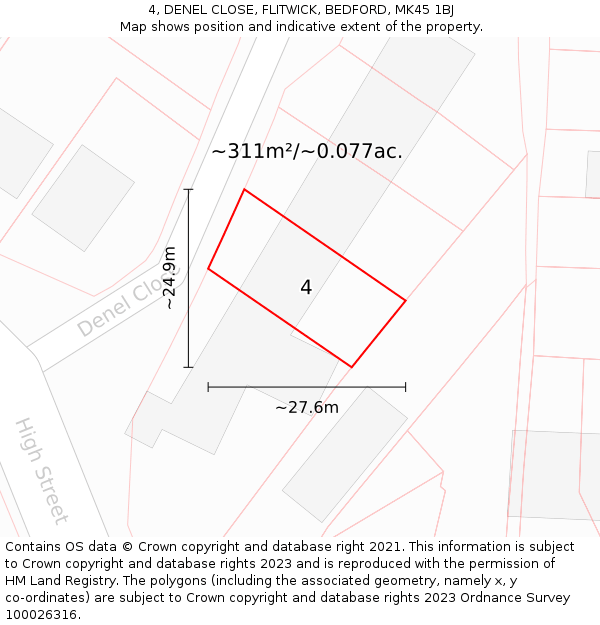 4, DENEL CLOSE, FLITWICK, BEDFORD, MK45 1BJ: Plot and title map