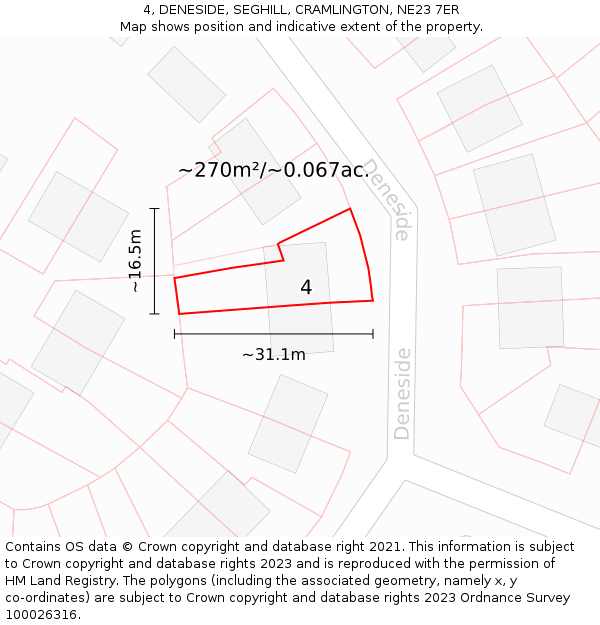 4, DENESIDE, SEGHILL, CRAMLINGTON, NE23 7ER: Plot and title map