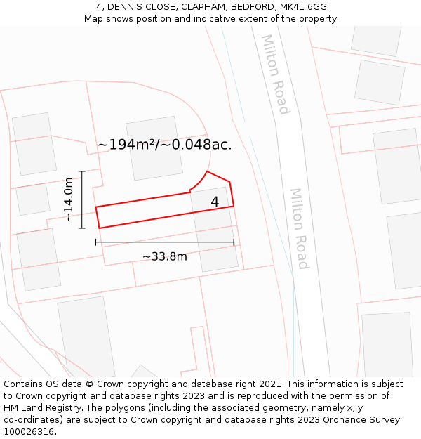 4, DENNIS CLOSE, CLAPHAM, BEDFORD, MK41 6GG: Plot and title map