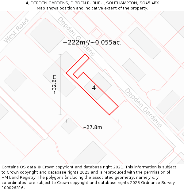 4, DEPDEN GARDENS, DIBDEN PURLIEU, SOUTHAMPTON, SO45 4RX: Plot and title map