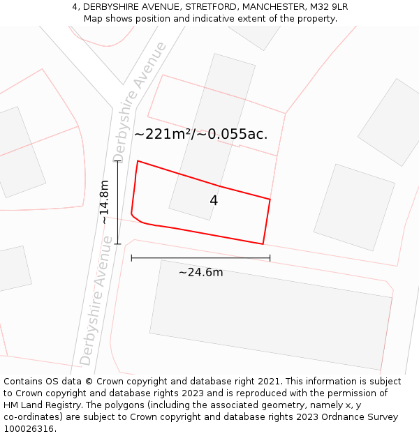 4, DERBYSHIRE AVENUE, STRETFORD, MANCHESTER, M32 9LR: Plot and title map
