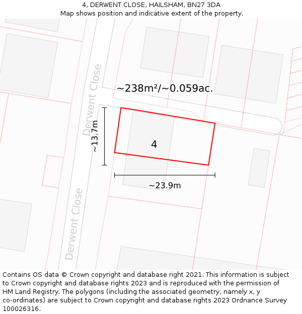 4, DERWENT CLOSE, HAILSHAM, BN27 3DA: Plot and title map