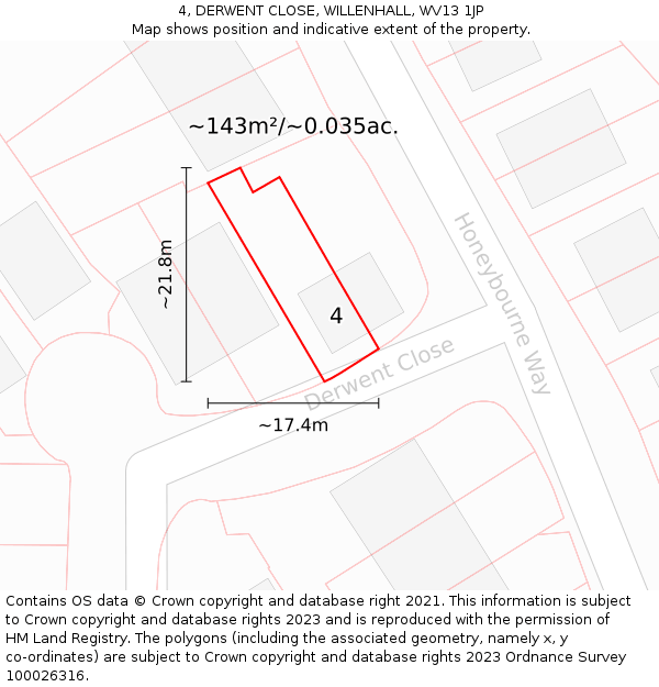 4, DERWENT CLOSE, WILLENHALL, WV13 1JP: Plot and title map