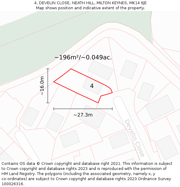 4, DEVELIN CLOSE, NEATH HILL, MILTON KEYNES, MK14 6JE: Plot and title map