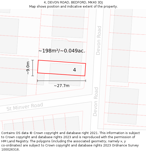 4, DEVON ROAD, BEDFORD, MK40 3DJ: Plot and title map
