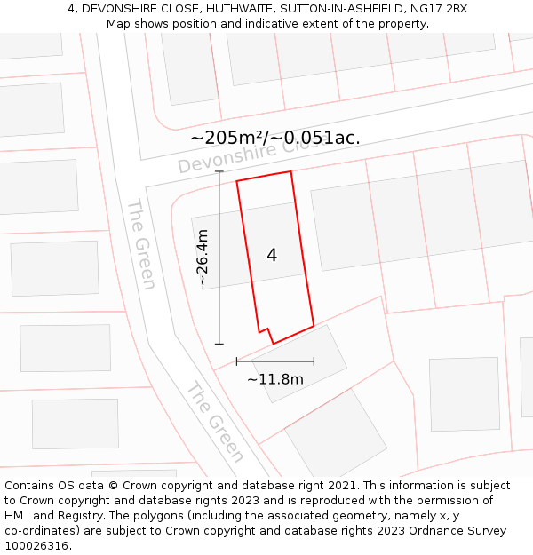 4, DEVONSHIRE CLOSE, HUTHWAITE, SUTTON-IN-ASHFIELD, NG17 2RX: Plot and title map