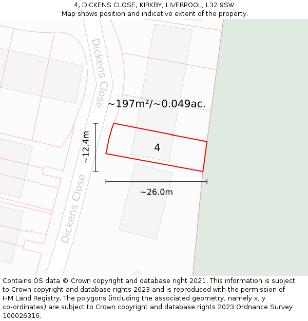 4, DICKENS CLOSE, KIRKBY, LIVERPOOL, L32 9SW: Plot and title map