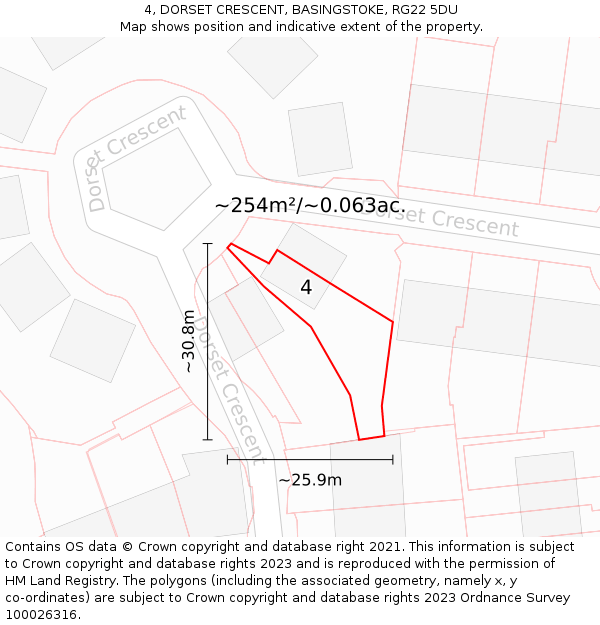4, DORSET CRESCENT, BASINGSTOKE, RG22 5DU: Plot and title map