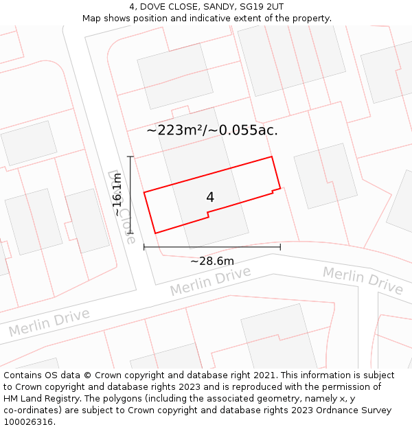 4, DOVE CLOSE, SANDY, SG19 2UT: Plot and title map