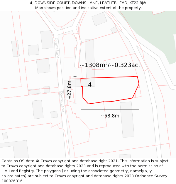 4, DOWNSIDE COURT, DOWNS LANE, LEATHERHEAD, KT22 8JW: Plot and title map