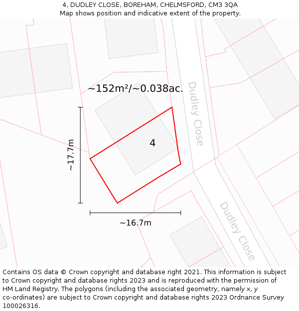 4, DUDLEY CLOSE, BOREHAM, CHELMSFORD, CM3 3QA: Plot and title map