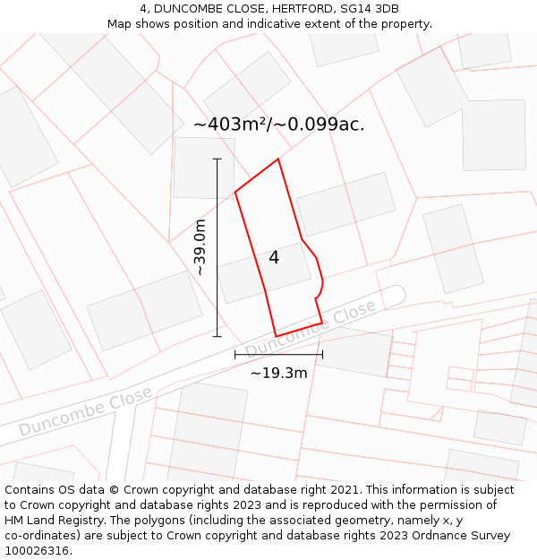4, DUNCOMBE CLOSE, HERTFORD, SG14 3DB: Plot and title map