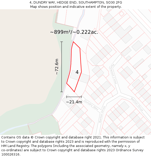 4, DUNDRY WAY, HEDGE END, SOUTHAMPTON, SO30 2FG: Plot and title map