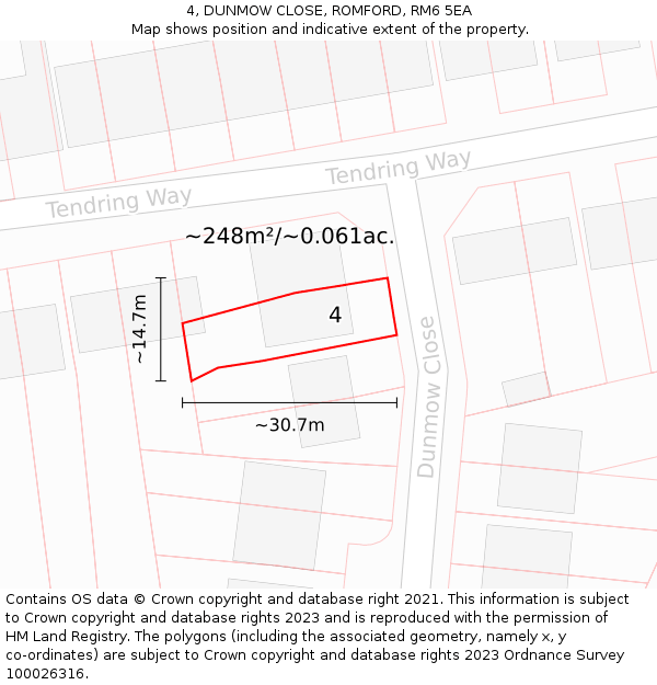 4, DUNMOW CLOSE, ROMFORD, RM6 5EA: Plot and title map