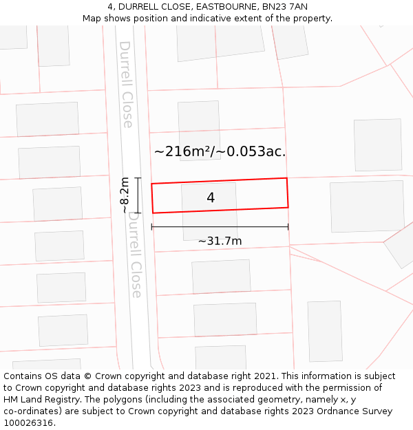 4, DURRELL CLOSE, EASTBOURNE, BN23 7AN: Plot and title map