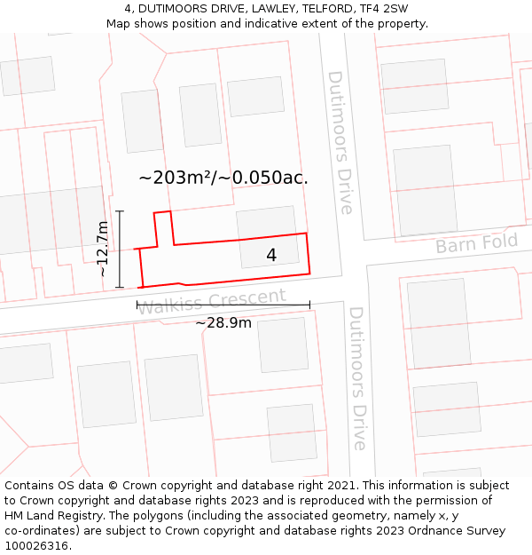 4, DUTIMOORS DRIVE, LAWLEY, TELFORD, TF4 2SW: Plot and title map