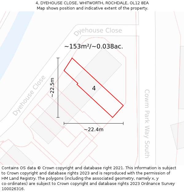4, DYEHOUSE CLOSE, WHITWORTH, ROCHDALE, OL12 8EA: Plot and title map
