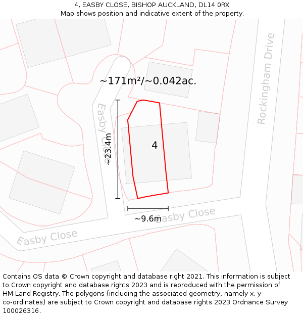 4, EASBY CLOSE, BISHOP AUCKLAND, DL14 0RX: Plot and title map