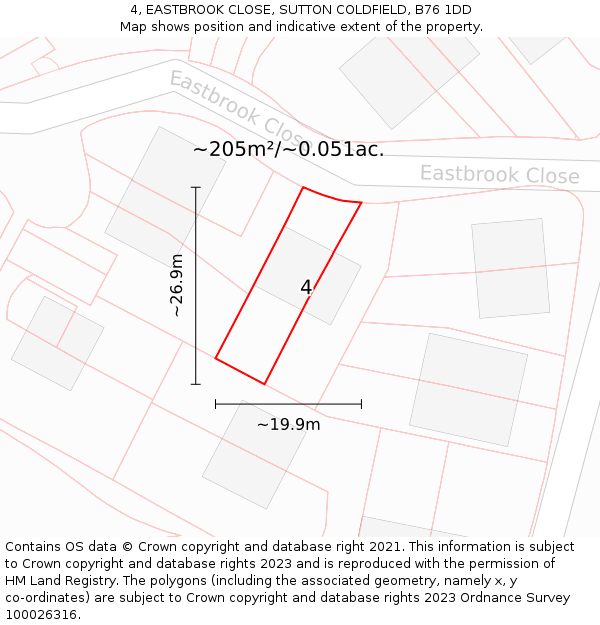 4, EASTBROOK CLOSE, SUTTON COLDFIELD, B76 1DD: Plot and title map