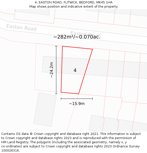 4, EASTON ROAD, FLITWICK, BEDFORD, MK45 1HA: Plot and title map