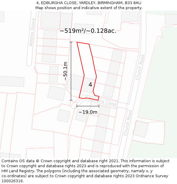 4, EDBURGHA CLOSE, YARDLEY, BIRMINGHAM, B33 8AU: Plot and title map