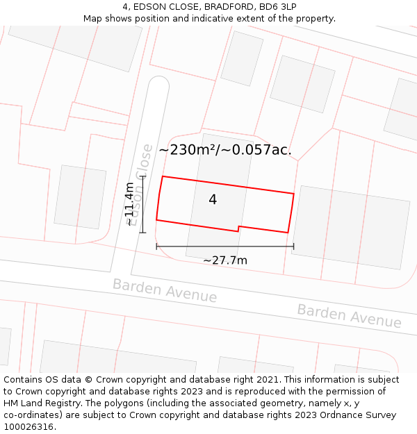 4, EDSON CLOSE, BRADFORD, BD6 3LP: Plot and title map