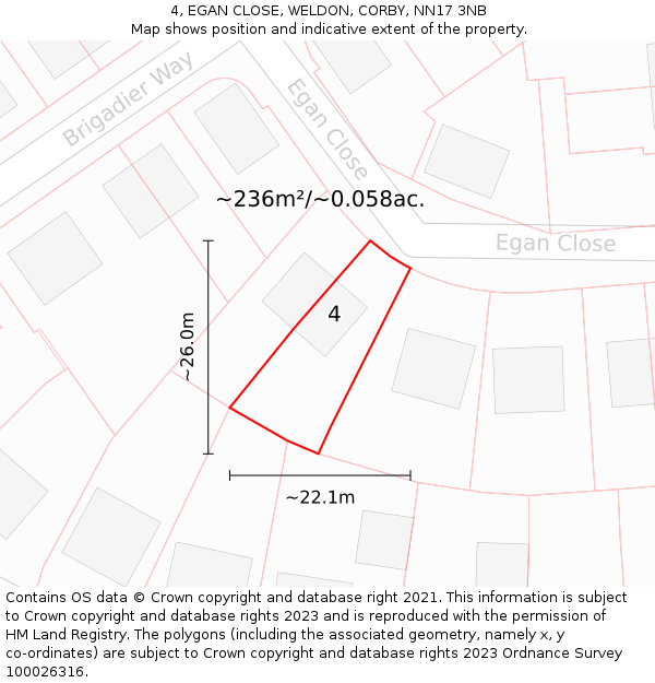 4, EGAN CLOSE, WELDON, CORBY, NN17 3NB: Plot and title map