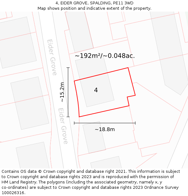 4, EIDER GROVE, SPALDING, PE11 3WD: Plot and title map