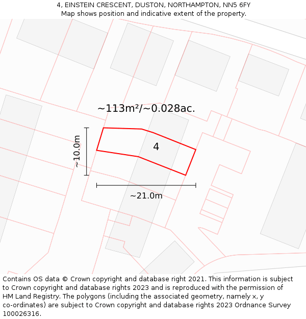 4, EINSTEIN CRESCENT, DUSTON, NORTHAMPTON, NN5 6FY: Plot and title map