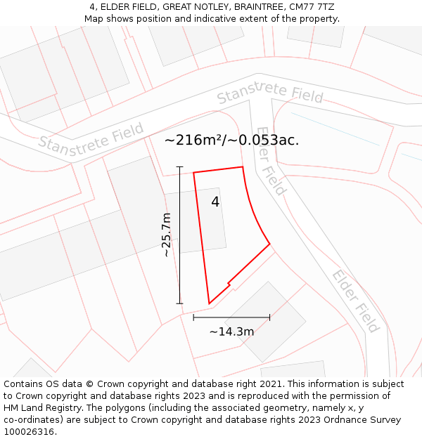 4, ELDER FIELD, GREAT NOTLEY, BRAINTREE, CM77 7TZ: Plot and title map