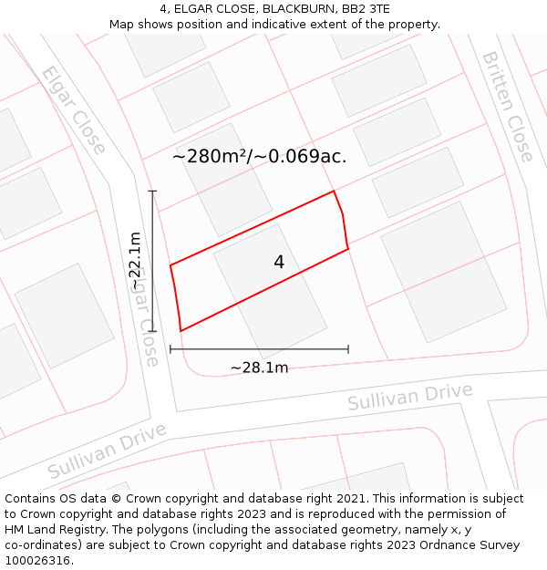 4, ELGAR CLOSE, BLACKBURN, BB2 3TE: Plot and title map