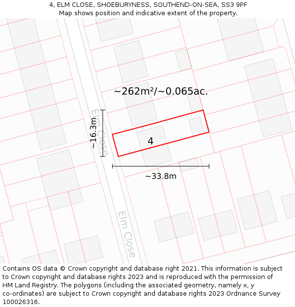 4, ELM CLOSE, SHOEBURYNESS, SOUTHEND-ON-SEA, SS3 9PF: Plot and title map