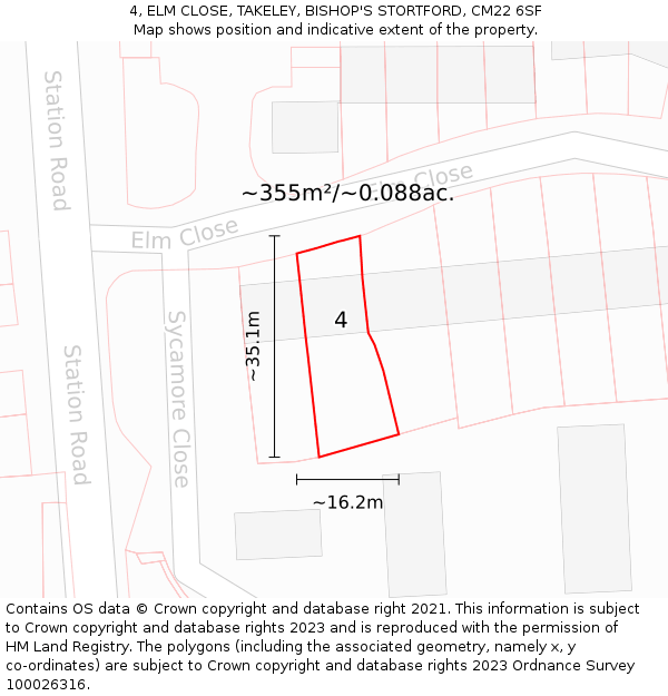 4, ELM CLOSE, TAKELEY, BISHOP'S STORTFORD, CM22 6SF: Plot and title map