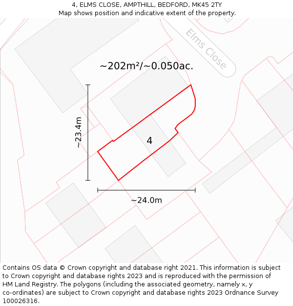 4, ELMS CLOSE, AMPTHILL, BEDFORD, MK45 2TY: Plot and title map