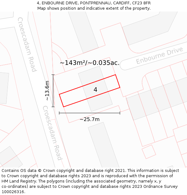 4, ENBOURNE DRIVE, PONTPRENNAU, CARDIFF, CF23 8FR: Plot and title map