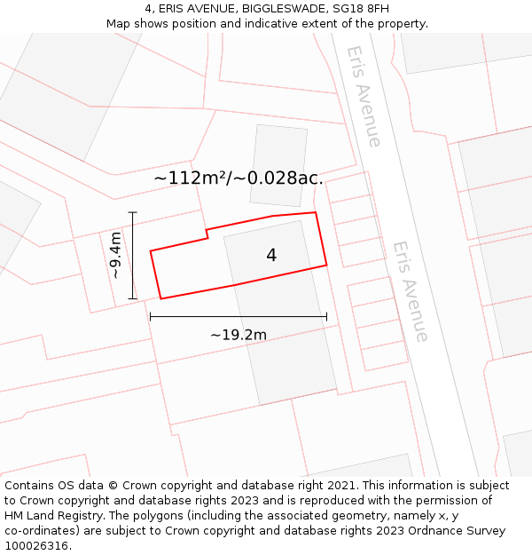 4, ERIS AVENUE, BIGGLESWADE, SG18 8FH: Plot and title map