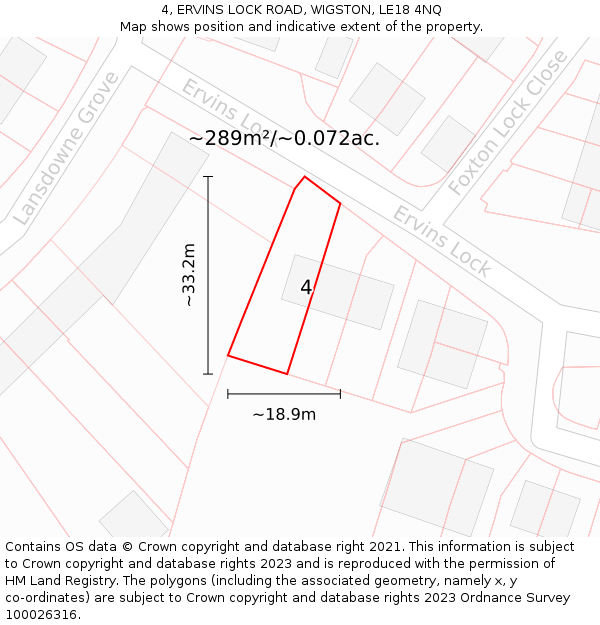 4, ERVINS LOCK ROAD, WIGSTON, LE18 4NQ: Plot and title map