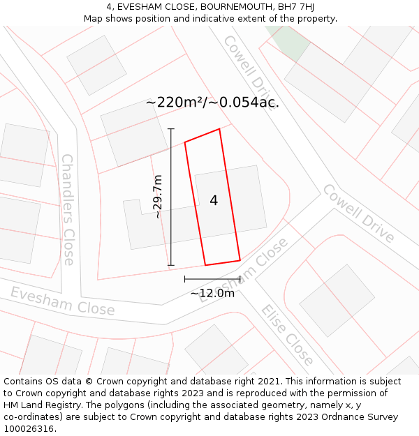 4, EVESHAM CLOSE, BOURNEMOUTH, BH7 7HJ: Plot and title map