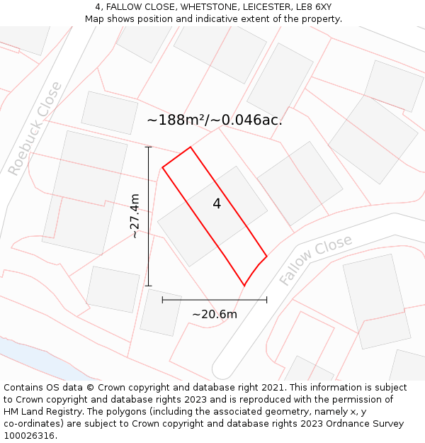4, FALLOW CLOSE, WHETSTONE, LEICESTER, LE8 6XY: Plot and title map