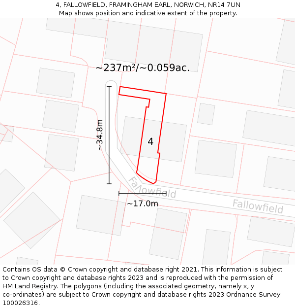 4, FALLOWFIELD, FRAMINGHAM EARL, NORWICH, NR14 7UN: Plot and title map