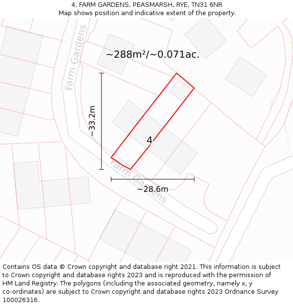 4, FARM GARDENS, PEASMARSH, RYE, TN31 6NR: Plot and title map