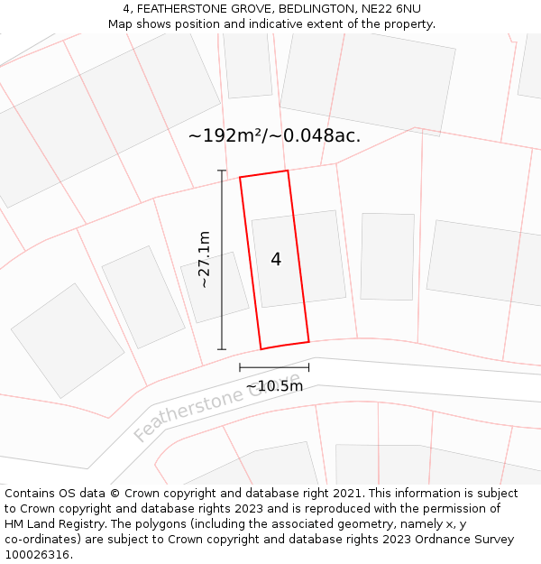4, FEATHERSTONE GROVE, BEDLINGTON, NE22 6NU: Plot and title map