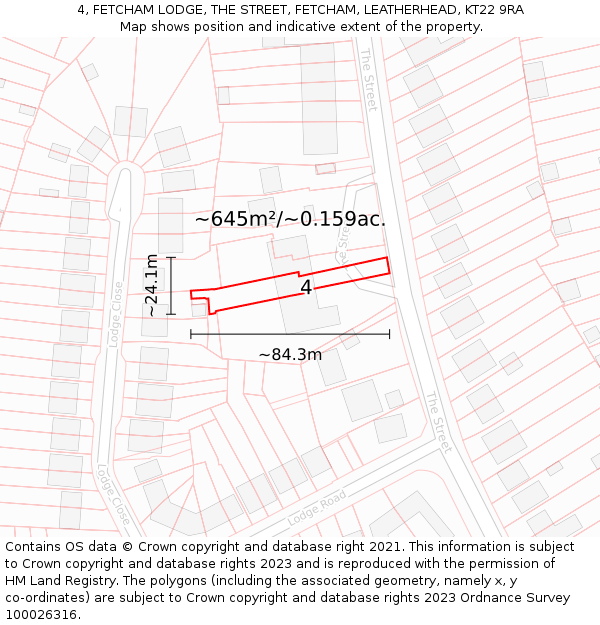 4, FETCHAM LODGE, THE STREET, FETCHAM, LEATHERHEAD, KT22 9RA: Plot and title map