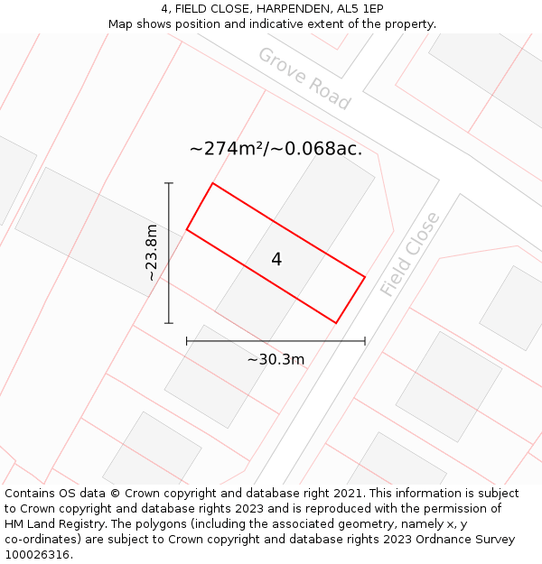 4, FIELD CLOSE, HARPENDEN, AL5 1EP: Plot and title map