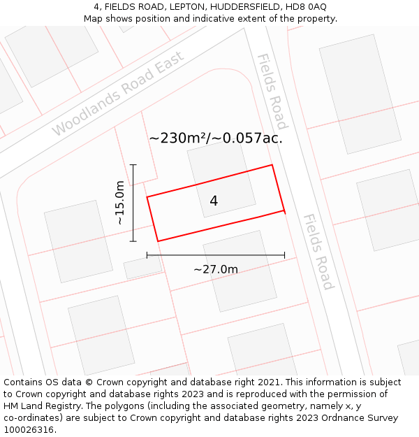 4, FIELDS ROAD, LEPTON, HUDDERSFIELD, HD8 0AQ: Plot and title map