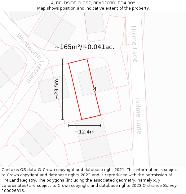 4, FIELDSIDE CLOSE, BRADFORD, BD4 0QY: Plot and title map