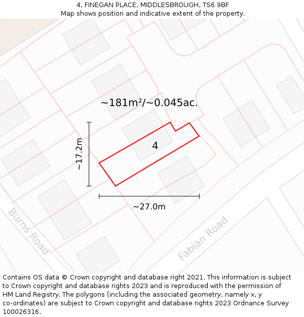 4, FINEGAN PLACE, MIDDLESBROUGH, TS6 9BF: Plot and title map